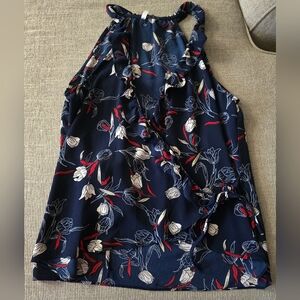 DNA Couture Blue Ruffled Sleeveless Floral Tank Top Womans Size Medium Navy